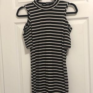 Black and white striped cold shoulder dress